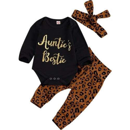 Lioraitiin 0-18M Newborn Infant Toddler Baby Girl Autumn Clothing Set Long Sleeve Black Letter Printed Romper Top Leopard Pants