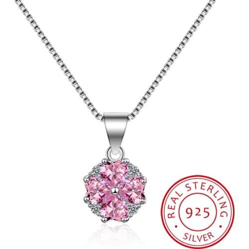925 Sterling Silver Pink Cherry Blossoms Pendant Necklace For Women Romantic Flower Crystal Pendant Fine Jewelry Birthday Gift