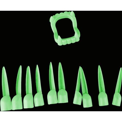 1 Set Fake Luminous Horrific Fun Clown Dress Vampire Teeth Nails Halloween Party Dentures Props Zombie Devil Fangs Tooth