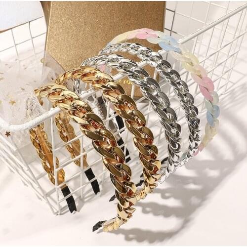 Vintage Thick Chain Hair Bands For Women Gold Silver Color Hairbands Fashion Headband Chunky Chain Head Bands Hair Accessories