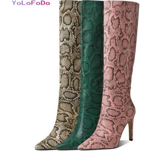 Plus Size 34-43 Faux Leather Snake Print Women Knee High Boots Fashion Pointed Toe Thin High Heel Boots Slip on Womans Shoes