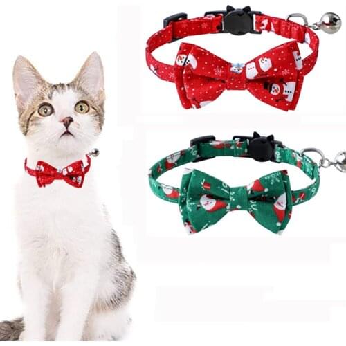 Adjustable Pet Collar With Removable Bow Tie And Bell Christmas Kitten Collar With Breakaway Buckle Puppy Safety Accessories