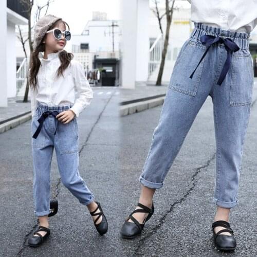 Spring Autumn Casual Girls Denim Pants High Waist Drawstring Kids Girls Jeans Children Loose Ankle Length Harem Pants 4-13T