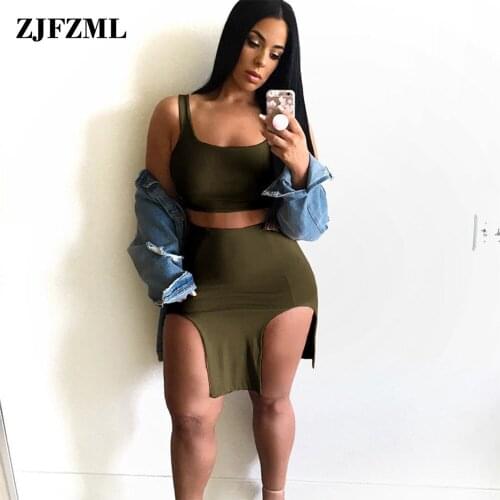 Sexy Clubwear Womens Two Piece Dress Set Simple Sleeveless Tank Crop Top and Side High Split Bodycon Skirts Gymwear Clothing