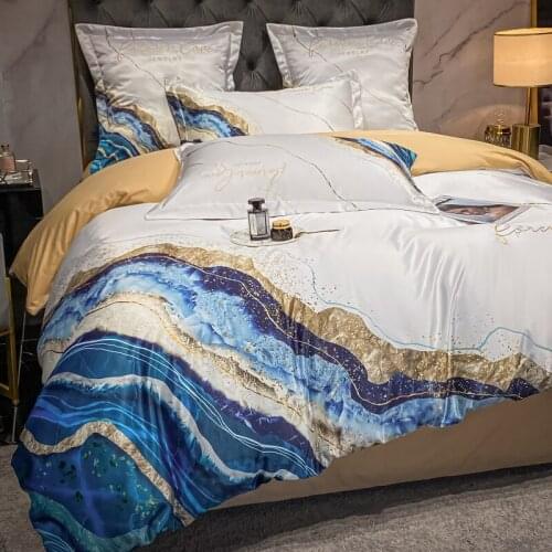 Modern Creative Abstract Gold Sea Wave Embroidery Bedding Set White Satin Cotton Duvet Cover Flat/Fitted Sheet Pillowcases 4Pcs