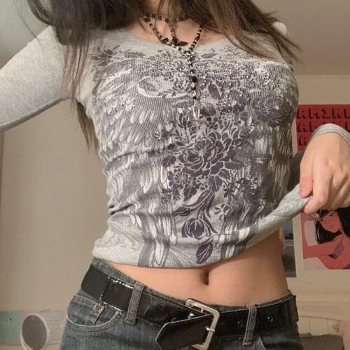 Retro Y2K Grunge Fairycore Tshirts Women Harajuku Graphic Print Gray Casual Floral Knitted Tshirts Streetwear O Neck Crop Tops