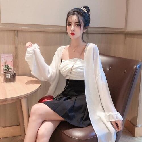 2021 Summer Fashion New Womens Sets Long Sleeve Sun Protection Shirt + Vests + Pleated Mini Skirts Female 3 Piece Suits Q529