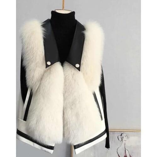 Autumn Winter Pu Leather Stitching Short Faux Fox Fur Vest Korean Sleeveless Lapel Fur Vest New Solid Loose Warm Women Clothing
