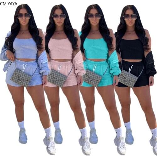 CM.YAYA Sport Women Set Three Pieces Set Tracksuit Sweatshirt Tank Tops Shorts Jogger Sweatpant Suit Outfit Matching Set