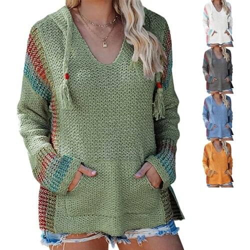 Women Hooded Sweater Pocket Vertical Striped Matching Jacket Oversized Sweaters Women Long Sleeve Top Fashion Jumper