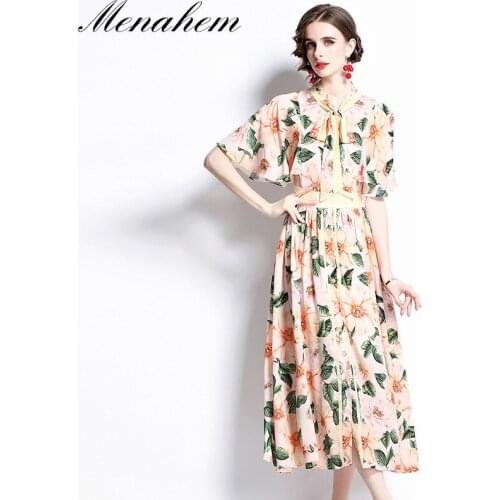 Menahem Runway Designer Floral Dresses 2021 Summer Women Bawting Sleeve Bow Collar Hoiday Floral Print Long Party Vestidos