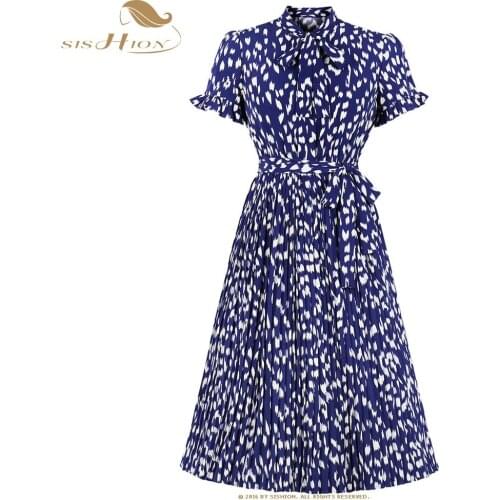 SISHION Summer New Blue Pleated Dress 2021 Women Elegant Short Sleeve Casual Print Dress Female SP1279