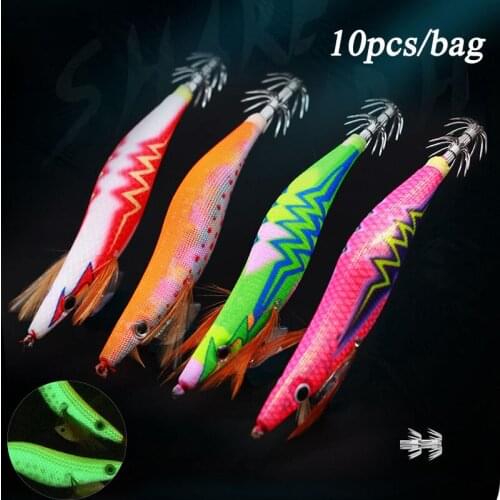 10pcs/lot Fishing Lure Bag Squid Hook Jigs 2.5#3.0#3.5# Octopus Cuttlefish Shrimp Baits 3D Eyes Luminous Lures Fishing Tackle