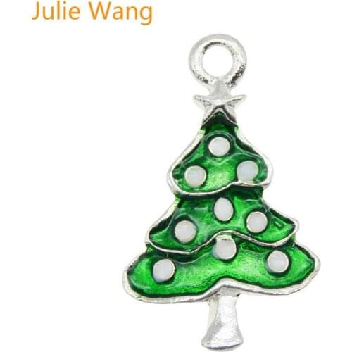 Julie Wang 10PCS Christmas Tree Charms Enamel Green Zinc Alloy Earring Necklace Bracelet Finding Jewelry Making Accessory