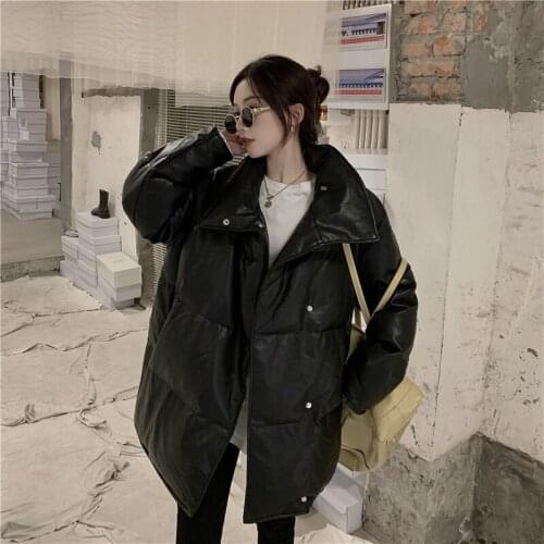 2021 Chic Temperament Loose Coat Design Feeling High Collar Fashion Leather Cotton-Padded Clothes