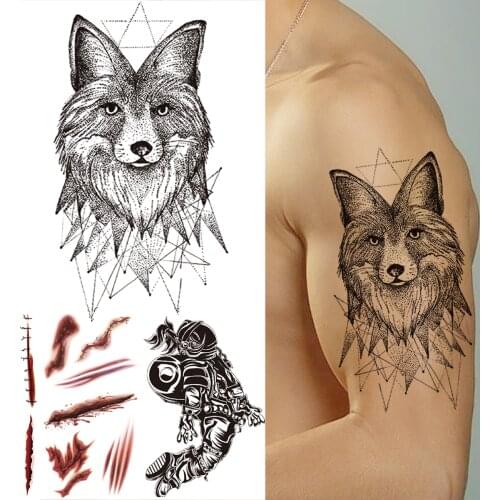 Black Geometric Wolf Fox Temporary Tattoos For Men Women Realistic Astronaut Halloween Fake Tatoo DIY Arm Tattoo Stickers