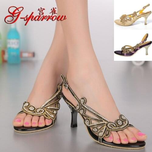 G-SPARROW 2018 Summer Sexy High Heeled Wedding Sandals Diamond Elegant Womens Gold Peep Toe Shoes Purple Black High Quality