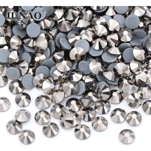 JUNAO SS6 8 10 16 20 30 Hematite Color Hotfix Glass Rhinestone Flat Back Iron on Strass Crystal Hot Fix Glass Stones for Dress