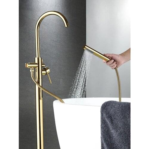 Bathtub Faucet Brass Gold Floor Mount Bathroom Faucet Swivel Spout Single Handle Tub Filler Hand Shower Sprayer Mixer Tap 6021K