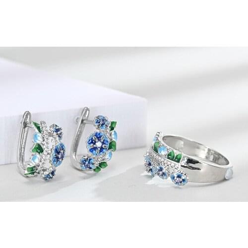 Creative Design Cloisonne Epoxy Flowers Fashion Enamel Color Diamond Earrings Attend a Cocktail Party Two-piece Ring