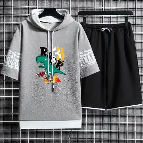 Streetwear Mens Sets Hip Hop Cartoon Men Clothes Hooded Short Sleeve T Shirts+Casual Elastic Waist Shorts Fashion Tracksuit Men