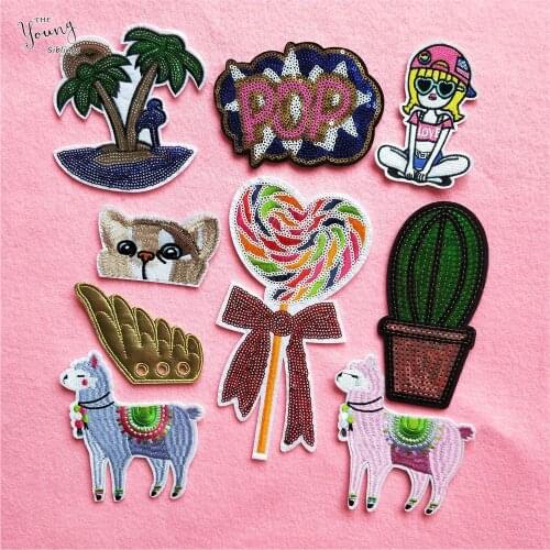 Sequin Cacti Tree Patch Iron on Badge embroidery Cat Sheep Patches Embroidered Applique Sewing Patch Clothes Sequins Stickers