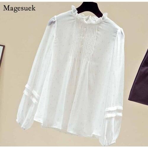 Autumn White Chiffon Shirt Women Pleated Tops Ruffled Collar 2020 Women Long Sleeve Blouse Korean Fashion Clothing Blusas 11228