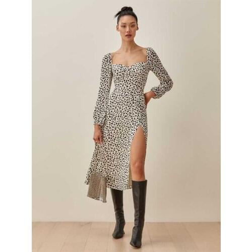 Yinlinhe Leopard Elastic Retro Midi Dress Women French Summer Dress Split High Waist Gathered Sexy Dresses Party Outfits 2084