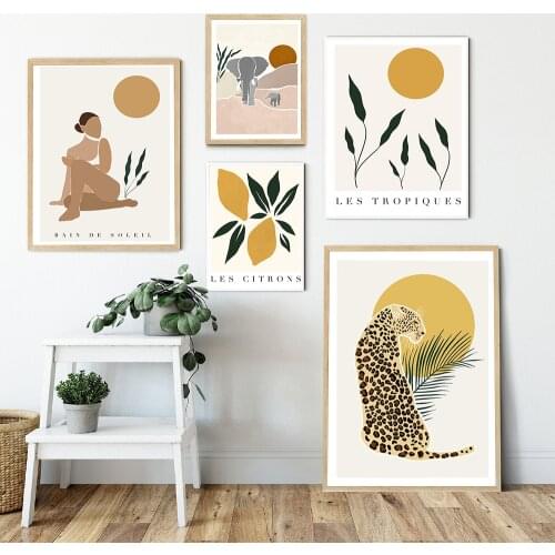Boho Poster Print Woman Line Sun Leaf Landscape Canvas Painting Leopard Elephant Animal Wall Art Picture Nordic Style Home Decor