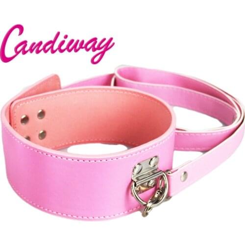 Candiway Fantasy Pink Adjustable Boutique Faux Leather Collar With Lead Lock BDSM Bondage Cosplay Game Sex Toys For Women Men