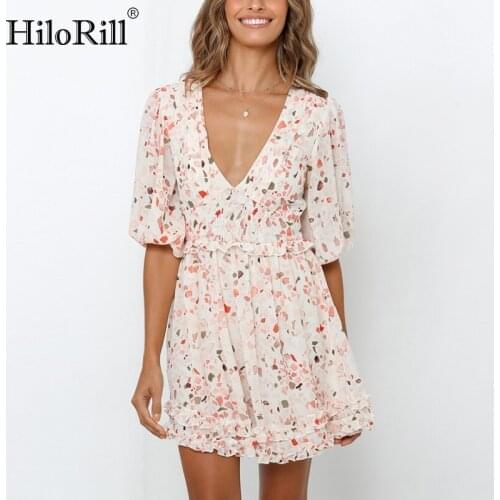 HiloRill Women Printed Chiffon Mini Dresses 2020 Sexy Deep V Neck A Line Party Dresses Lantern Half Sleeve Beach Dress Sundress