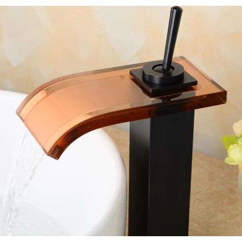 Vidric Waterfall Bathroom Faucets Deck Mounted Tall Water Mixer Glass Spout Basin Sink Faucet Oil Rubble Bronze Black Hot Cold T