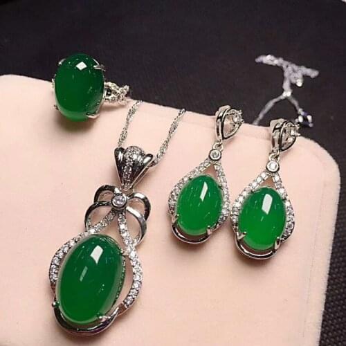 Fine Jewelry 925 Silver Inlaid with Natural Green Chalcedony Oval Pendant Ring Rop Earrings Three Pieces