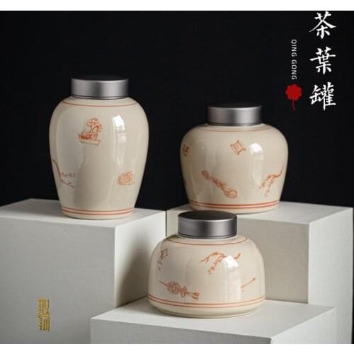 Green Ash Glaze Tin Lid Tea Cans Japanese Style Large Ceramic Sealed Red Pu'Er Jars Candy Storage Boxes Teaset Accessories