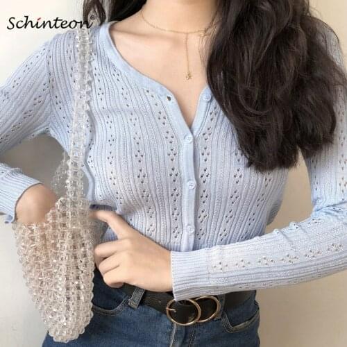 Schinteon Women Knitted Cardigan Sweater V-Collar Holllow Out Jacket Short Outwear Knitwear Sexy Knitting Top
