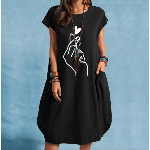 New WomenS Casual Dress Summer O-Neck Heart Printed Linen Robe Dresses For Woman Short Sleeve Loose Pocket Loose Mid Dress