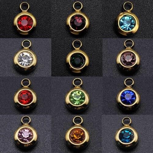 10pcs/lot Stainless Steel Gold 12 Colors Birthstone Crystal Pendant Bracelet Charms DIY Crafting Jewelry Accessories Wholesale