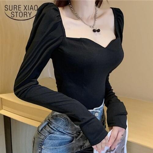 2021 Spring Korean Office White Blouse Shirt Women Square Collar Short Sexy Tops Vintage Puff Sleeve Black Shirts Blusa 12605