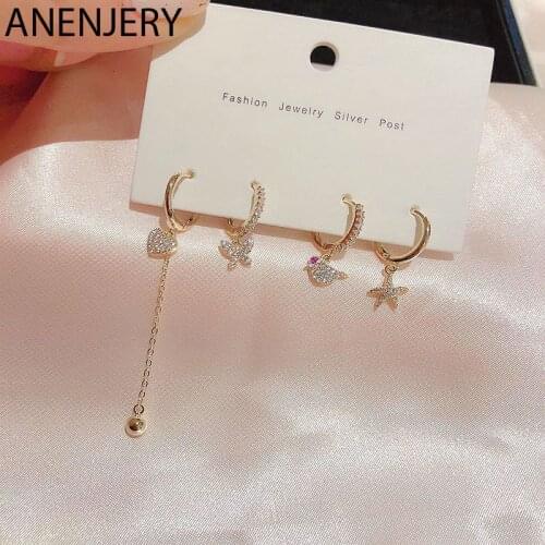 ANENJERY Silver Color Inlaid Cubic Zircon 4-piece Earrings Sets Love Heart Butterfly Bird Starfish Hoop Earrings Sets