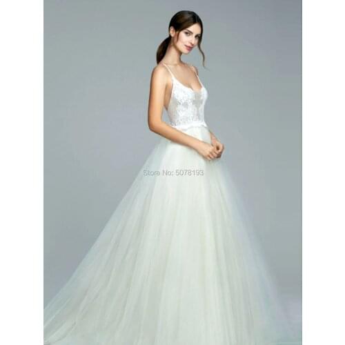 10112 white scoop spaghetti-straps natural A-line floor-length long lace&tulle wedding dress/formal gown new in free shipping