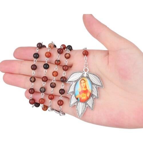 Heart Mary Rosary Bead Center Necklace Agate Stone Virgin Mary Leaf Pendant Necklace The Seven Sorrows Catholic Prayer Jewelry