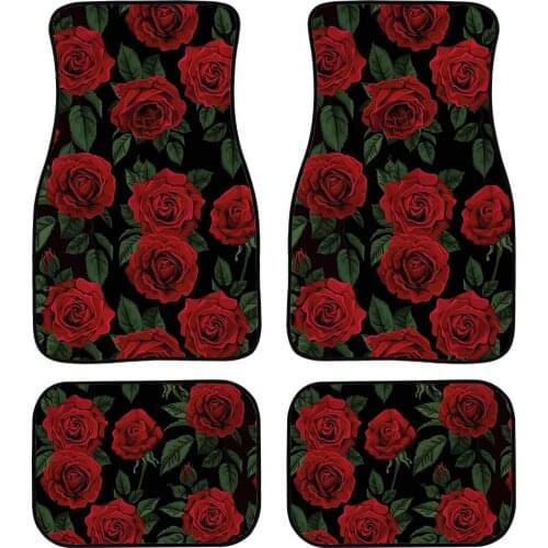 Four soft and easy to put floor mats for womens cars, suitable for red rose pattern of SUV, van, car and truck