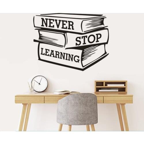 Library Bookshop Decor Never Stop Learning Quote Wall Sticker Studying Books Vinyl Wall Window Decal Classroom Poster Art AZ056