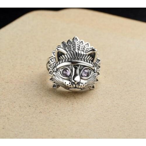 100% S925 Sterling Silver Elvis Ring Live Mouth Vintage Indian Cat Head Ring