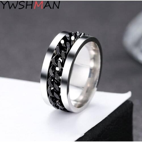 Stainless Steel 8mm Chain Spinner Ring For Men Blue Gold Cool Black Punk Rock Rotatable Rings Accessories Jewelry Gift