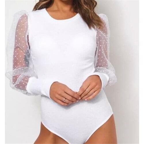 Women Long Sleeve Mesh Leotard Top Autumn Winter Spring Warm Knitted Bodysuit Club Short Jumpsuit Mesh Sleeve One Piece Jumpsuit
