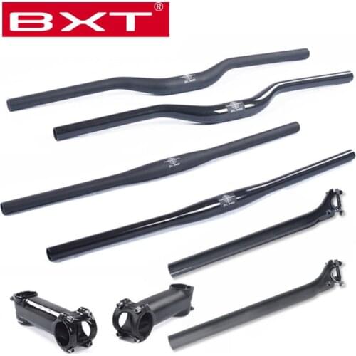 BXT Carbon Fiber MTB Bicycle Parts Set carbon handlebar Stem Seatpost 3K Flat or Riser Mountain Bicycle Accessories