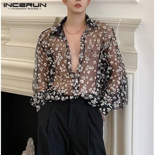 Fashion Men Mesh Shirt Transparent Long Sleeve Printed Lapel Loose Streetwear Blouse Party Clubwear Casual Casmia S-5XL INCERUN