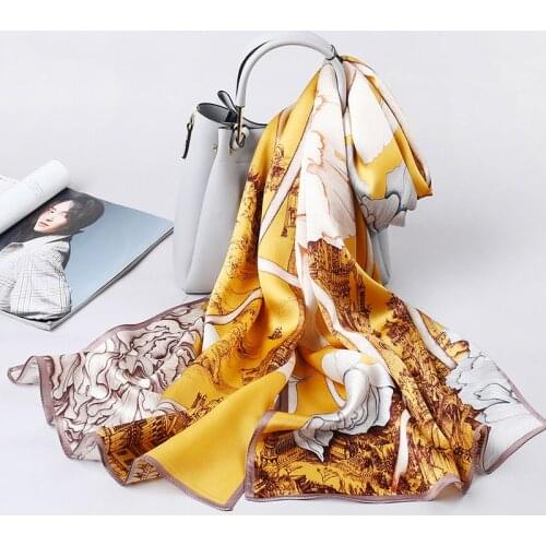 2021 spring and summer new silk satin peony scarf classic femininity versatile sun screen towel printed beach towel