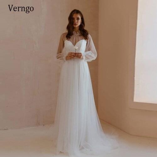 Verngo High Neck Lace And Tulle A Line Beach Wedding Dress 2021 Long Puff Sleeves Floor Length Simple Elegant Bridal Dresses